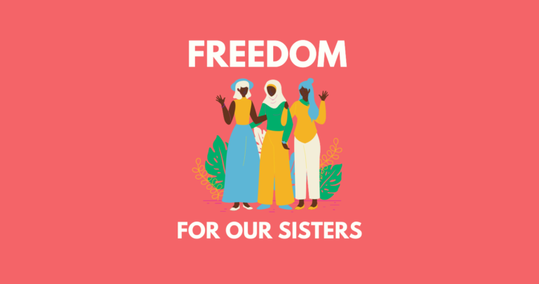 Freedom for Our Sisters campaign - three women stand and wave on a pink background